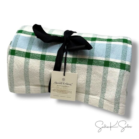 Hearth & Hand Magnolia Checkered Plaid Woven Throw Blanket Cream Lt Blue Green - Picture 4 of 6